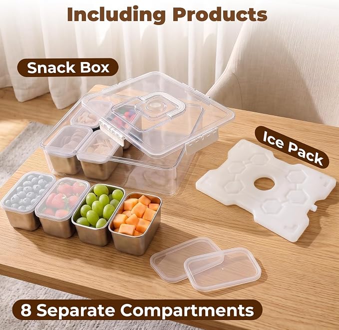 Homelove Snackle Box Container with Ice-Pack, Snack Container Divided Serving Tray with 8-Compartment Snack Platter, Lid and Handle, Food Organizer for Outdoor Travel Party Beach Picnic