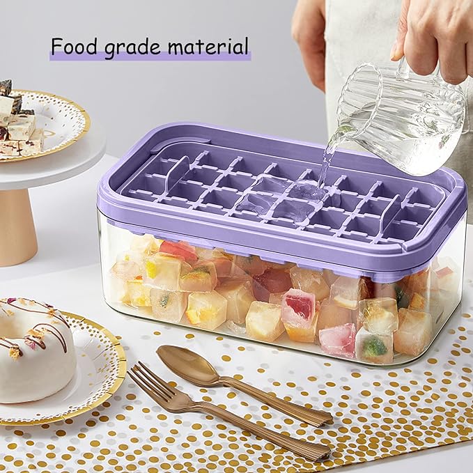 Ice Cube Tray with Lid and Bin, 2 Pack Ice Cube Trays for Freezer, 64 Pcs Ice Cube Mold, Press Button Easy Release Ice Tray, Small Ice Cubes Maker for Drinks (Purple)