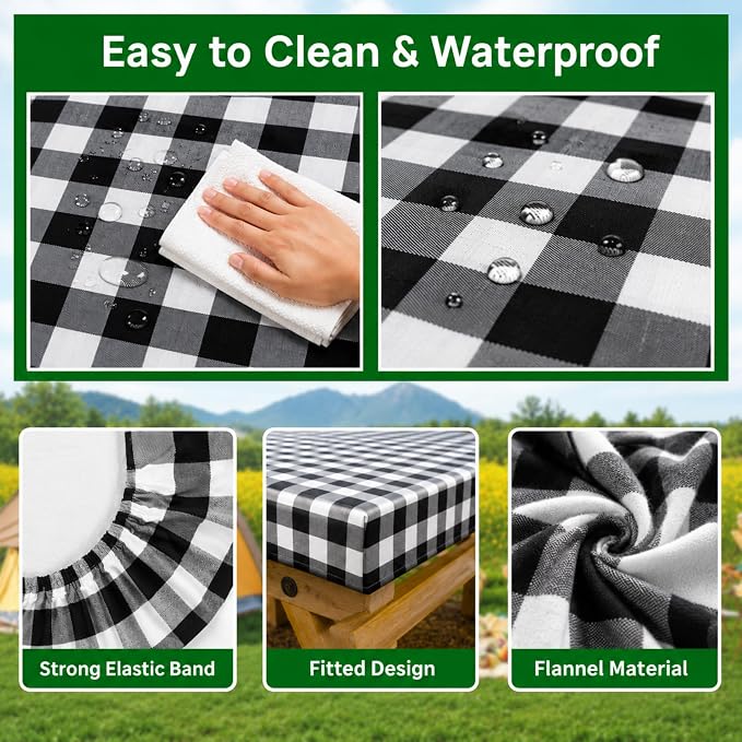 Vinyl Fitted Picnic Table Cover with Bench Covers & Bag 6ft Black Checkered | Rnoony Outdoor Waterproof, Windproof Tablecloth with Elastic Edges. Camping RV Gear Campers Must Have 72x30 Inches