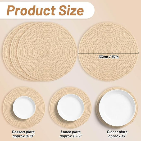Billbotk Round Woven Placemats Set of 4, 13 Inches Table Place Mats for Dining Table, Hot Pads for Kitchen, Trivets for Hot Dishes, Pots and Pans,Tabletop Accessories(Beige)