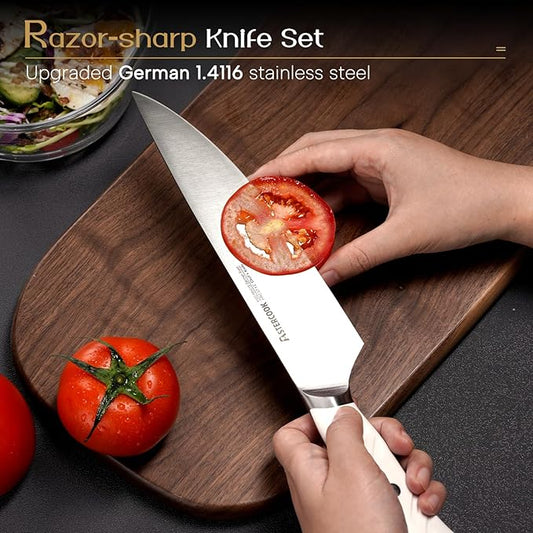 Astercook Knife Set Kitchen with Block and Dual Sharpener Full Tang 15 Pcs German Stainless Steel Knives Dishwasher Safe Kitchen Utensils Set with Anti-slip Ergonomic Handle, Elegant White