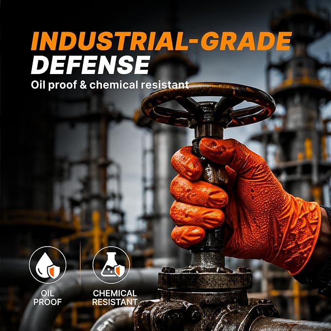 TitanFlex Heavy Duty Industrial Orange Nitrile Gloves, 8-mil, Gloves Disposable Latex Free with Raised Diamond Texture Grip, Powder Free, Rubber Glove, Mechanic Gloves,1000-ct Case (Large)