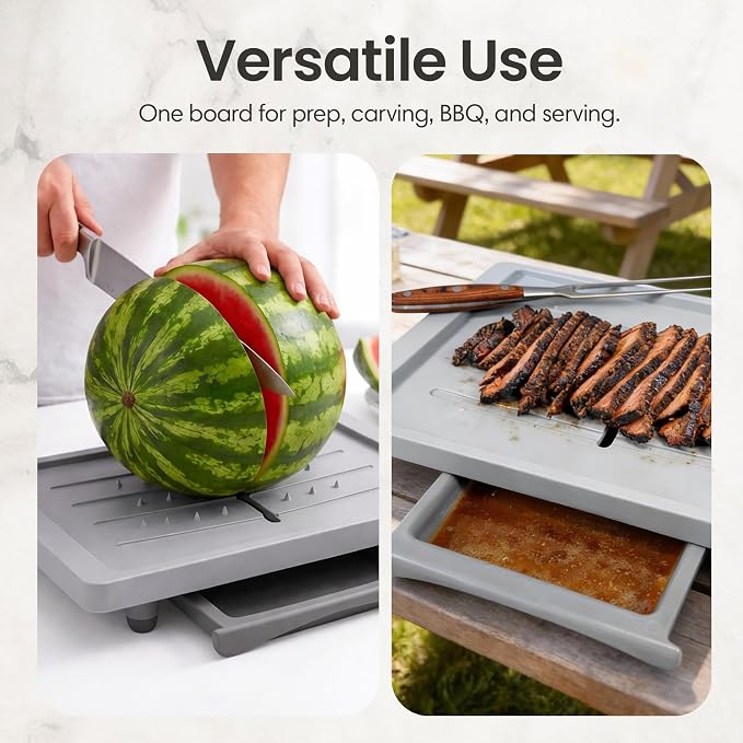 Karving King Plus Large Cutting Board - Juice Groove, Spikes & Drip Tray