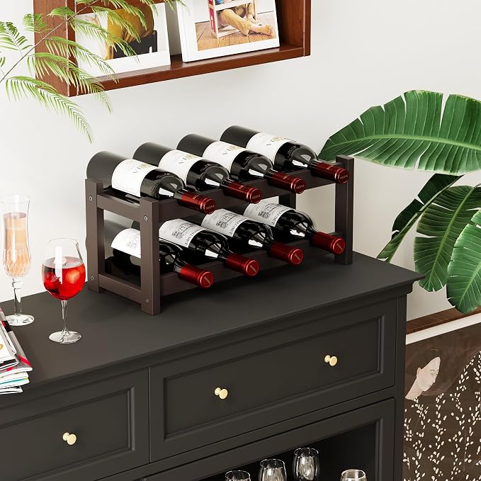 BAMEOS Bamboo Wine Rack, 2 Tier Wine Racks Countertop Storage, Wine Bottle Holder Wine Rack freestanding Floor for Kitchen, Bar, Pantry, Wine Cellar, Basement,Study, (16.85 L x 9.25W x 7H) Espresso