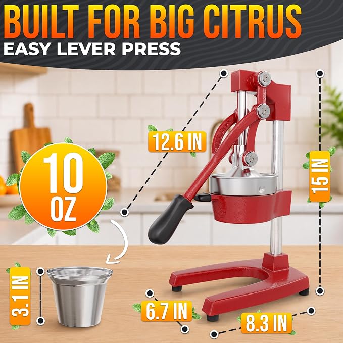 Cast Iron Juicer Hand Press, Heavy-Duty Squeezer, 304 Stainless Steel Bowl – One Pull Extracts Full Juice – Manual Citrus Press Juicer & Orange Squeezer for Lemon, Lime & Lemonade at Home Bar (Red)