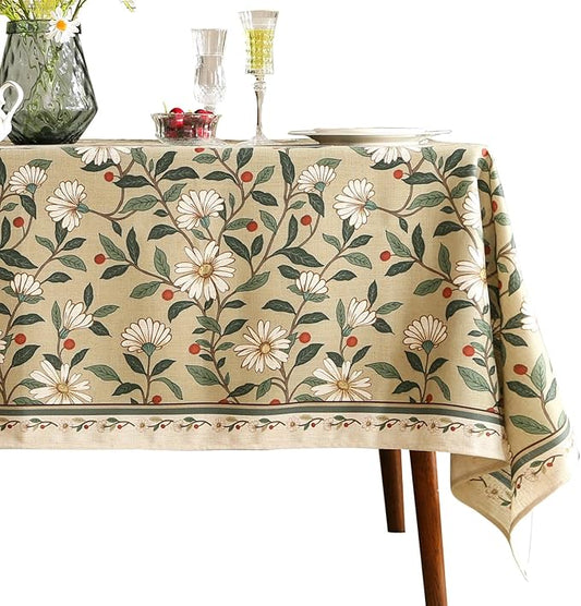 ISAENNE Designer Green Linen Square Table Cloth,Floral French Country Indoor Tablecloth,Stain Resistant Home Decor Tablecloths for Dining Kitchen Thanksgiving Christmas Party,67"*67"-Brune
