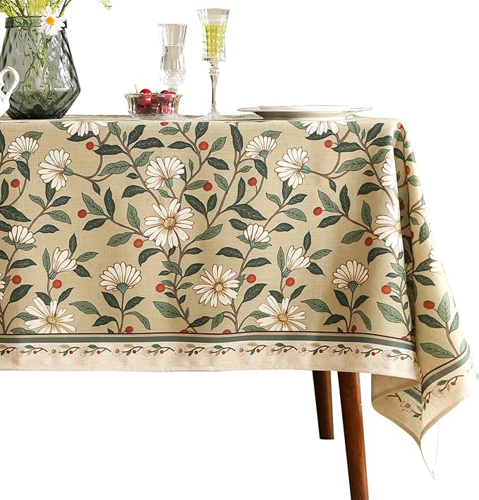 ISAENNE Designer Green Linen Tablecloth Rectangular,Floral French Country Indoor Table Cloth,Stain Resistant Home Decor Tablecloths for Dining Kitchen Thanksgiving Party,55"*87"-Brune