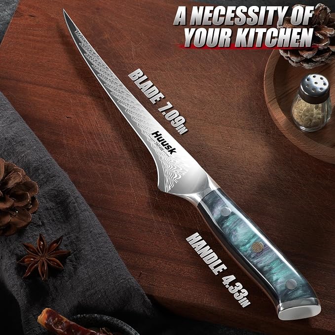 Huusk 7" Fillet Knife for Fish, Boning Knife for Meat, Gift for Chef | Flexible Fish Filleting Knife for Salmon, Ultra Sharp Deboning Knife for Meat Cutting Processing, Stainless Full Tang Blade