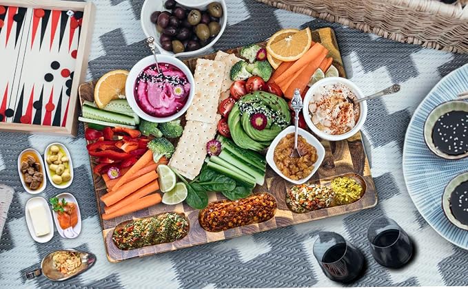 Acacia End Grain Cutting Board (17x13x1.5in), Butcher Block - Reversible Multipurpose Chopping Board with Juice Groove, Cracker Holder & Inner Handles