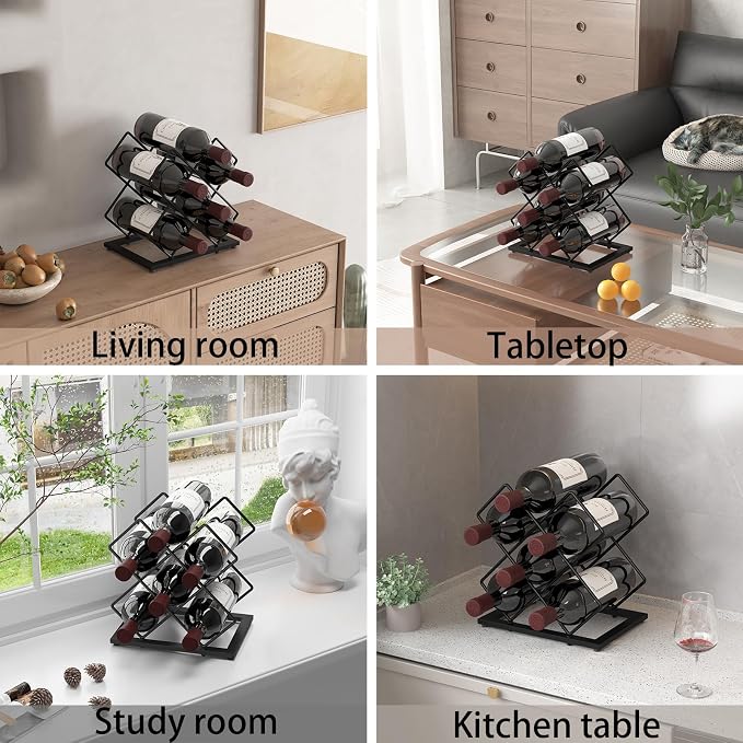 Countertop Wine Rack, 6 Bottles Wine Storage Capacity, Modern Corner Metal Wine Bottle Holder for Bar, Cabinet, Pantry, Tabletop Wine Racks for Cup and Water Bottle – Black