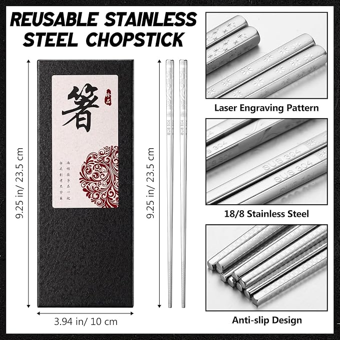 10 Pairs Metal Chopsticks Reusable 18/8 Stainless Steel Chopsticks with Sleek Engraving Patterns 9.25 in Japanese Korean Chop Stick Non-slip Dishwasher Safe for Premium Gift Set