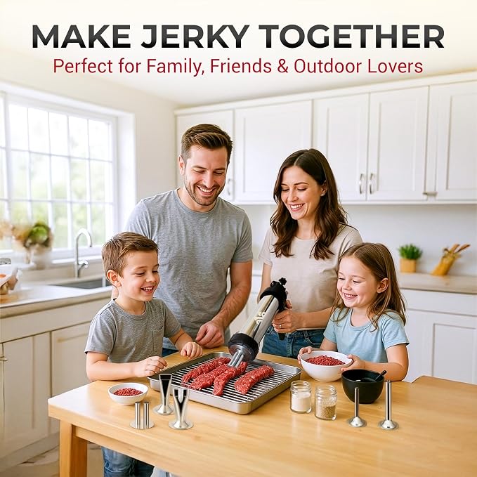 Stainless Steel Jerky Gun & Sausage Stuffer Kit – 1.5 lb Capacity, 5 Nozzle Set, Meat Pusher, 5 Cleaning Brushes, & Food-Safe Gloves – For Beef Jerky, Snack Sticks & Bratwurst