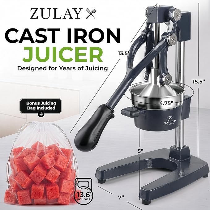 Zulay Kitchen Cast Iron Juicer - Heavy Duty Manual Juicer with Detachable Strainers for Easy Cleaning, Orange Juice Press for Citrus Fruits, Perfect for Bartenders, Juice Lovers & Health Enthusiasts