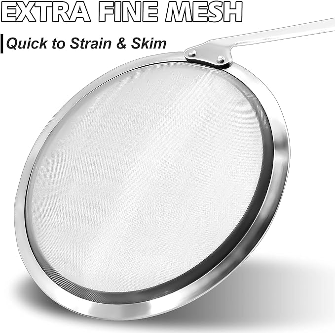 Anaeat 5.5" Stainless Steel Fat Skimmer Spoon - Professional Kitchen Fine Mesh Food Strainer and Hot Pot Skimmer with Long Handle for Skimming, Cooking, Frying, Grease, Gravy and Foam