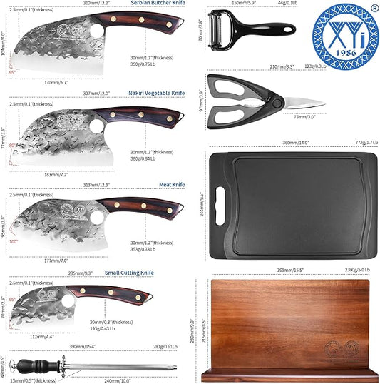 XYJ Authentic Since 1986,Kitchen Knife Block Set,High Carbon Steel Blades,Knives Set with Wooden Magnetic Knife Block,Sharpening Steel,Cutting Board,Cleaver Slicing Knife,Wood Handle