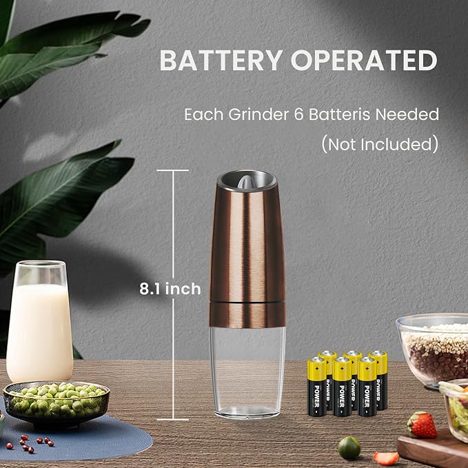 Battery Operated Salt And Pepper Grinder Set with LED Light, Automatic Electric Gravity Salt And Pepper Shakers Set, Each 6 AAA Batteries Needed, Adjustable Roughness, 2 Pack (Copper)