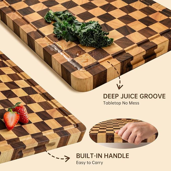 Wooden Cutting Boards for Kitchen, 1.2" Checkered Cutting Board | 17" x 12" Walnut Chopping Board with Juice Grooves & Handles, Double-sided Butcher Block for Prep & Serving with Gift Box