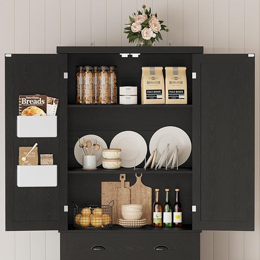 IRONCK Kitchen Pantry Storage Cabinet 83.9" H, with Barn Doors, Drawer, 4 Adjustable Shelves, Freestanding Cupboard for Dining Room Living Room, Laundry, Black