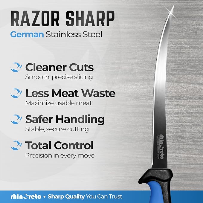 Rhinoreto Fillet Knife for Fish - Razor Sharp G4116 German Stainless Steel Blade, 9 Inch Professional Filleting & Boning Knife with Non-Slip Handle, Protective Sheath & Sharpener