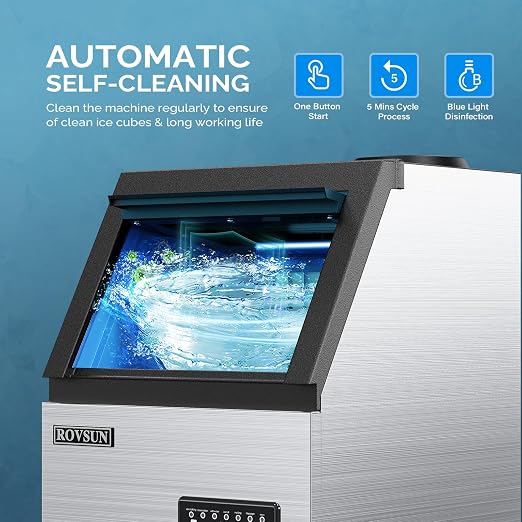 ROVSUN Commercial Ice Maker 110lbs/24h Automatic Built-in Stainless Steel Under Counter/Freestanding Ice Machine for Restaurant Bar with 24lbs Storage, Connection Hoses & Ice Scoop