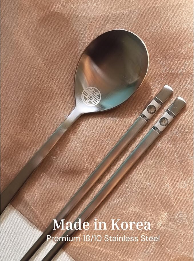 ONGI Korean Spoon and Chopstick 1 Set – Premium 18/10 Stainless Steel – Double Happiness Design – Gift-Ready – Made in Korea – Dishwasher Safe (Hee Pattern Silver 1 Set)