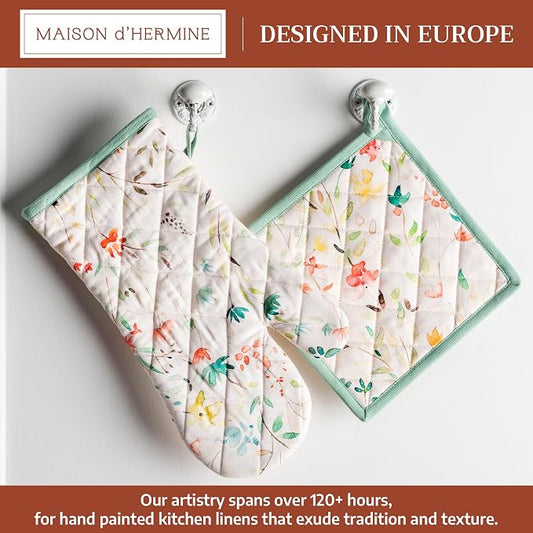 Maison d' Hermine 100% Cotton Oven Mitt & Pot Holder Set (7.5"x13" & 8"x8") | Heat Resistant BBQ Cooking Gloves with Loop Baking Grilling Kitchen Hotel Home Farmhouse Spring Summer - Colmar