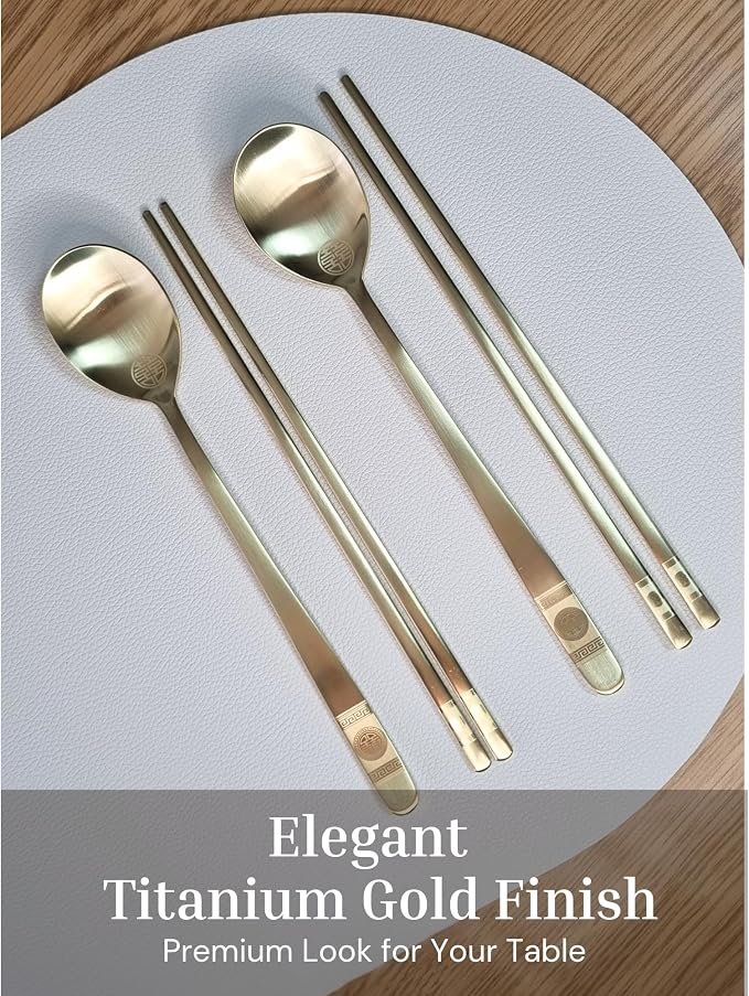 ONGI Korean Spoon and Chopstick 2 Set – Premium 18/10 Titanium Gold – Double Happiness Design – Gift-Ready – Made in Korea – Dishwasher Safe (Hee Pattern Gold 2 Set)