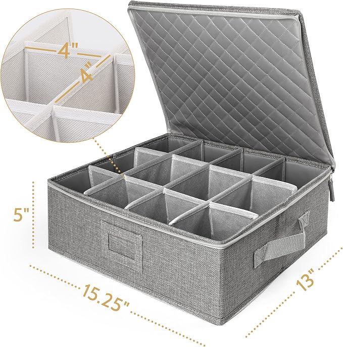 LotFancy Cup and Mug Storage Container, Hard Shell, China Coffee Mug Storage Box for Moving, with Dividers & Handles, Holds 12 Tea Cups, Grey