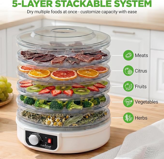 NutriChef Food Dehydrator - Dehydrate Beef Jerky, Meat, Mushrooms, Fruits & Vegetables at Home | Utilizes High-Heat Circulation for Even Dehydration | Includes 5 Easy-to-Clean Trays | White