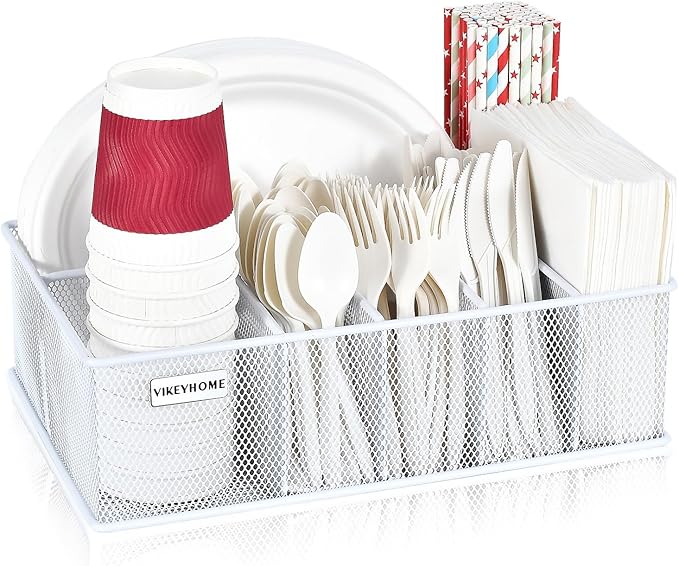 VIKEYHOME Paper Plate Organizer, Metal Silverware Caddy, White | 6 Compartments Utensil Holder for Plate, Knives, Spoon, Cup, Fork, Napkin, Caddy for Party, Camping, Picnic