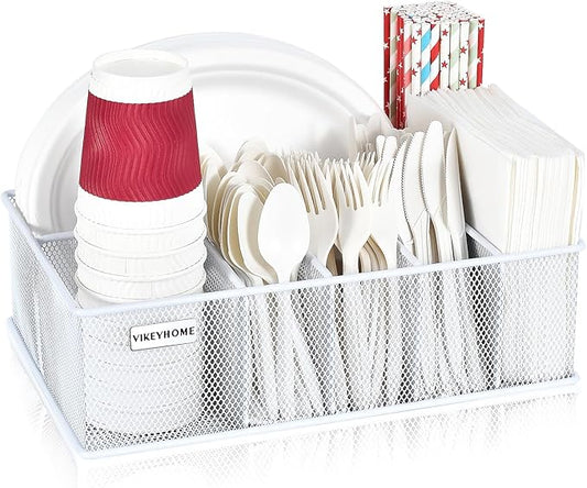VIKEYHOME Paper Plate Organizer, Metal Silverware Caddy, White | 6 Compartments Utensil Holder for Plate, Knives, Spoon, Cup, Fork, Napkin, Caddy for Party, Camping, Picnic
