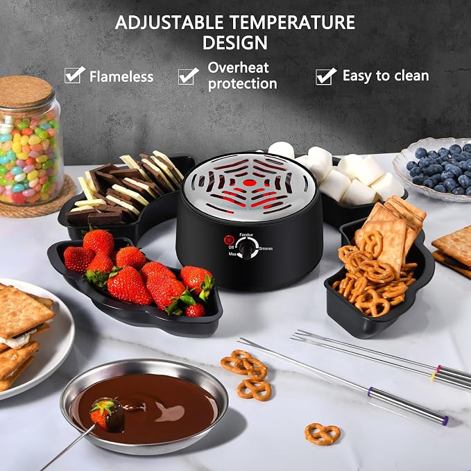 2-in-1 S’mores Maker & Fondue Set, Indoor Tabletop Marshmallow Roaster with Temperature Control, 4 Detachable Trays, 4 Forks and Heated Bowl, Movie Night Supplies & Housewarming Gifts