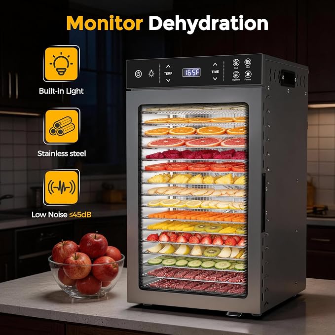 Suteck 800W Food Dehydrator with 16 Trays for Jerky, Fruit, Veg, Meat | Stainless Steel, 4 Presets, Strong Dual Fans & 360° Airflow, 85°F–195°F, 48H Timer, Built-in Light, Quiet