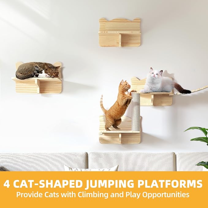 Cat Shelves for Wall, 18-in-1 Cat Wall Furniture w/Tunnel & Bridge | Multi-Level Floating Cat Shelves for Space Saving, Solid Wood Cat Climbing System with Scratching Posts, Condos, Burlywood