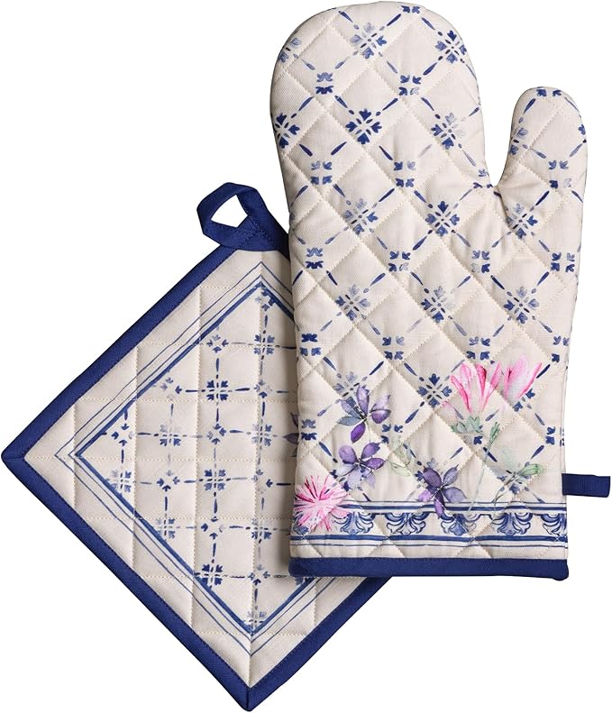 Maison d' Hermine 100% Cotton Oven Mitt & Pot Holder Set (7.5"x13" & 8"x8") | Heat Resistant BBQ Cooking Gloves with Loop Baking Grilling Kitchen Hotel Home Farmhouse Spring Summer - Faience