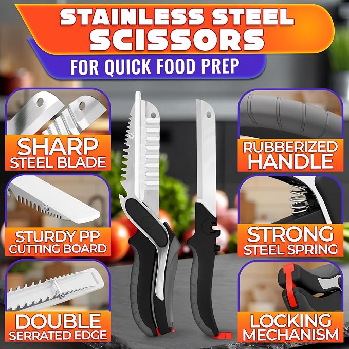 7-in-1 Cutting Board Scissors for Food, Stainless Steel | Dishwasher Safe Kitchen Scissors with Cutting Board; Replaceable Blades; Safety Lock; for Meat, Veggies, Fruit & Herbs