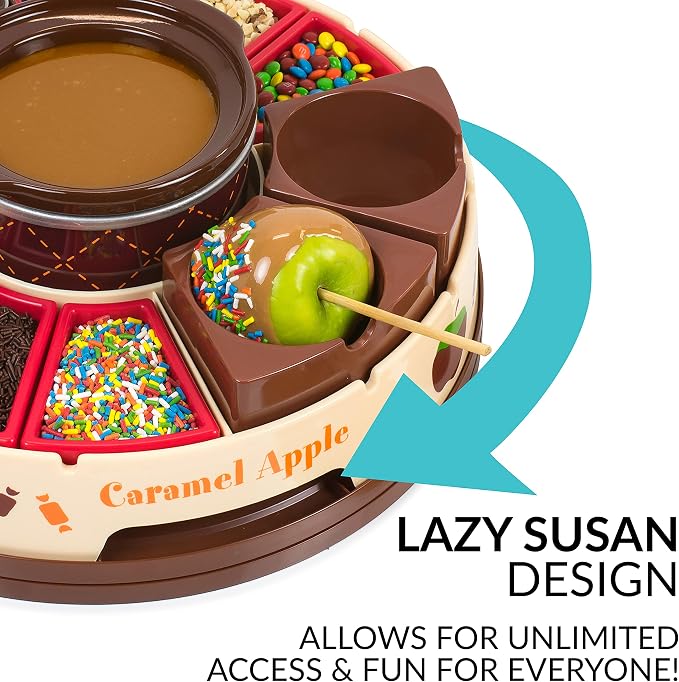 Nostalgia Chocolate & Caramel Fondue Pot, 25 Sticks, Fondue Machine with Decorating and Toppings Trays, Brown