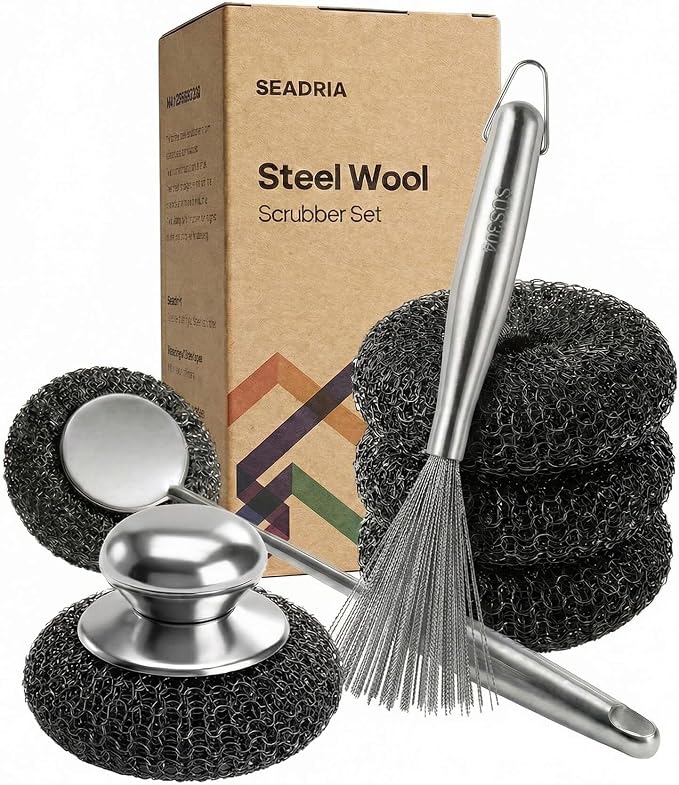 6 Pack Stainless Steel Wool Scrubber Set- Heavy Duty Metal Sponge Scouring Pad for Cast Iron Skillet, Grill & Pots -Include Short & Long Handle & Brush & 3 Pads,Kitchen Dish Scrubber
