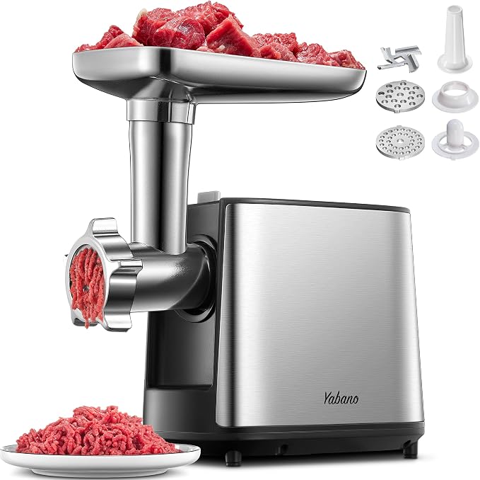 Yabano Electric Meat Grinder 3000W Max Heavy Duty Meat Mincer | Sausage Stuffer And Kubbe Kit, 2 Stainless Steel Grinding Plates, Silver And Black, For Home And Restaurant Prep