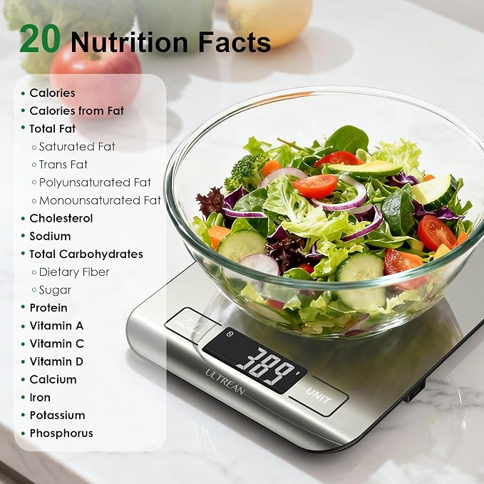 Ultrean Smart Food Kitchen Scale with Nutritional Calculator, App for Macro & Calorie Tracking, AI Scan, Digital Grams and Ounces for Weight Loss, Rechargeable, Stainless Steel, 33lb /15kg