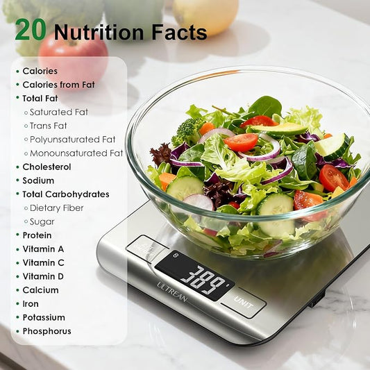 Ultrean Smart Food Kitchen Scale with Nutritional Calculator, App for Macro & Calorie Tracking, AI Scan, Digital Grams and Ounces for Weight Loss, Rechargeable, Stainless Steel, 33lb /15kg