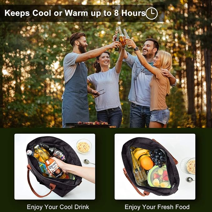 Lunch Bags for Women Insulated Thermal Lunch Tote Bag with Shoulder Strap Upgrade Large Lunch Box Container Drinks Holder for Adults Men Work Picnic Beach Park, Dark Black