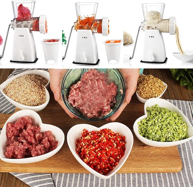 Manual Meat Grinder with Stainless Steel Blades Heavy Duty Powerful Suction Base for Home Use Fast and Effortless for All Meats-White