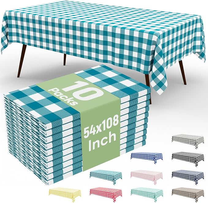 10 Packs Buffalo Disposable Table Cloth, 54 x 108 Inch Waterproof Plastic Tablecloth, Rectangle Turquoise and White Checkered Table Covers for Picnic, Birthday, Party, Back to School