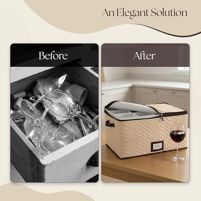 Wine Glass Storage Box with Dividers, Holds 12 Glasses up to 4.25" Wide | 2 Pack, Stemware Storage Case, Protects Fine China, Durable Quilted Microfiber, Carry Handles, Ideal for Red Wine Glass