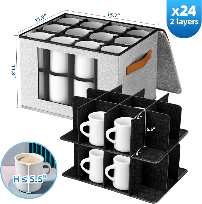 Foyego 2-Layer Coffee Mug Storage Box with Dividers, Cup and Mug Storage Organizer with Zipper Lid and Handles, Stackable Cup Organizer for 24 Coffee Mugs, Cups and Glasses, Light Grey
