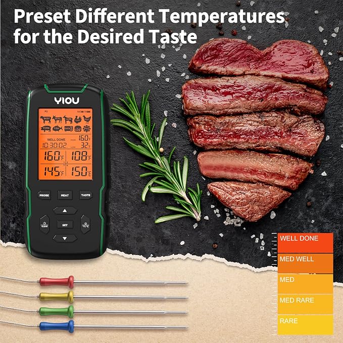 Wireless Meat Thermometer for Cooking, Digital Meat Thermometer with 4 Probes, 500FT Ultra Accurate & Fast Food Thermometer for Oven, Smoker, Green
