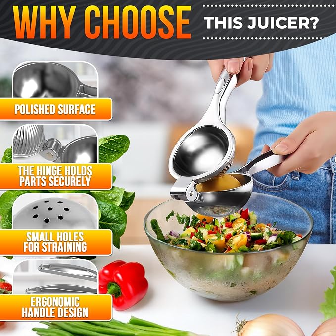 Lemon Squeezer Stainless Steel, Heavy-Duty Handheld Juicer for Limes | Ergonomic Citrus Hand Press, Gets Max Juice Out in Seconds - Dishwasher Safe, for Cocktails, Marinades, and Salad Dressings