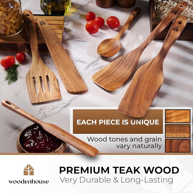 Wooden Spatula for Cooking, Teak Set of 6 for Non-Stick & Cast Iron | Includes Turner, Scraper, Slotted, Frying Tools, Jar Scraper & Spoonula – Scratch-Free, Easy to Clean