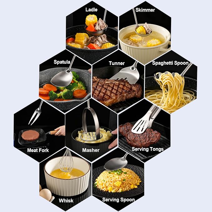 Stainless Steel Kitchen Utensils 12 Pcs, Small Cooking Utensils Set | Dishwasher safe; 304-Healthy; One piece-sturdy; Fits for person new to cooking; Perfect for a B&B or rental or camper